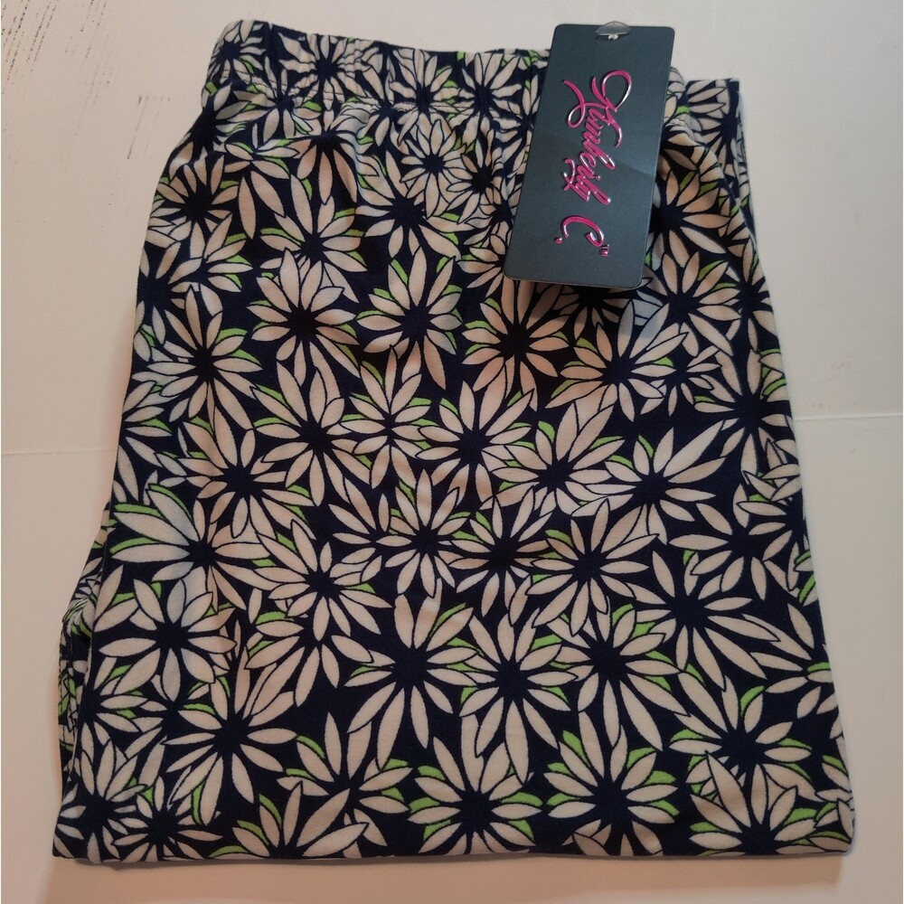 Plus‎ Size Navy Blue White Daisy Floral Design Plus Size  Leggings